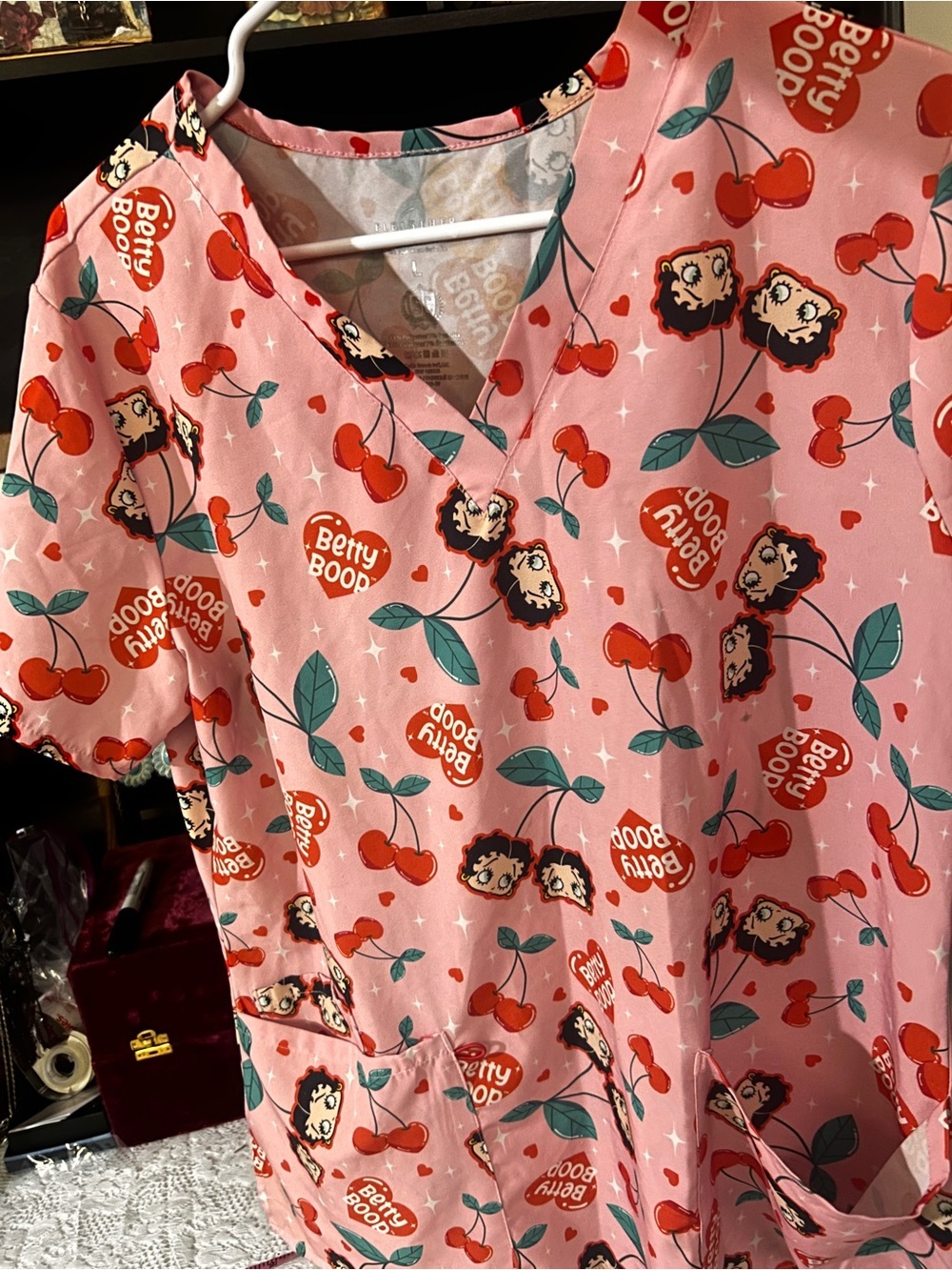 BETTY BOOP V-Neck Medical Scrub Top - Cute Cherry Print - Picture 2 of 9